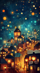 Enchanted nighttime cityscape with glowing windows, twinkling lights, and an open book in foreground