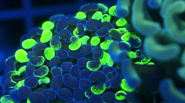 Macro shot of Euphyllia paraancora under actinic lighting, with glowing neon green and blue polyps, showing soft polyp texture and smooth movement in reef aquarium