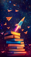 Colorful rocket launching from a stack of books surrounded by paper airplanes in a starry space background