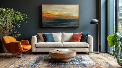 A living room with a white sofa, orange chair, artwork, and a round wooden coffee table