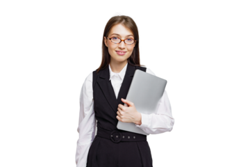 Confident young professional holding a laptop while smiling, ready for the workday ahead in a bright studio