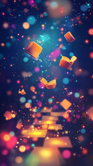 Enchanted scene of floating books amidst colorful bokeh lights, creating a magical atmosphere