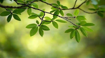 Obraz premium Green Leaves on a Branch in a Forest