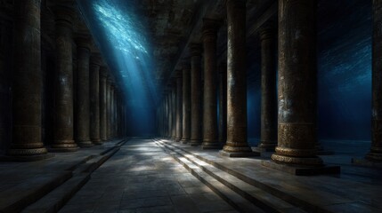 Fototapeta premium A long, dark tunnel with pillars and a blue sky above