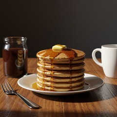 Stack of Pancakes with Butter and Dripping Maple Syrup | Close-up of Breakfast Food with Coffee for Restaurant Menus, Recipe Blogs, and Culinary Advertisements