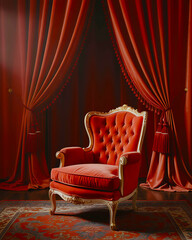 Elegant red velvet armchair and curtains in a luxurious room with antique accents