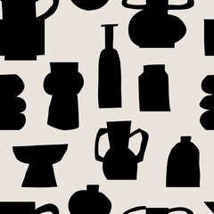 Modern art cutout minimalist design black vases silhouettes on a beige background in a flat style. Vector seamless pattern