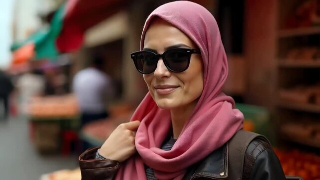 Algerian woman in Algiers, overcast day, wearing a modern pink hijab and stylish sunglasses, standing in a bustling marketplace with colorful textiles in the background