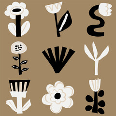 A grid of nine abstract modern art minimalist black and white cutout floral designs. Vector seamless pattern with bold botanical shapes. Home decor poster illustration