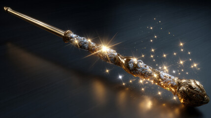 Gold magic wand with star and spell sparkles isolated on transparent background. Vector realistic set of magician rod, wizard stick with fairy golden light, shiny trace and lightnings