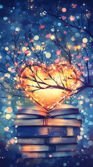 A glowing heart surrounded by branches and sparkling lights atop stacked books in a dreamy setting