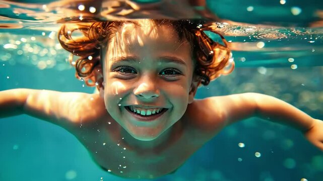 Happy kid boy swim and dive underwater, kid with fun in pool under water. Active healthy lifestyle, water sport activity and swimming lessons on summer vacation with child.