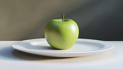 A single green apple placed on a white plate