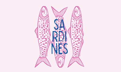 Seafood t shirt design. Sardines love club.  Sardines fish artwork for t shirt print, poster, sticker and other uses.