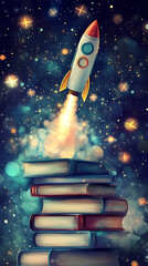 A whimsical rocket launching from a stack of books amidst a starry night sky filled with sparkles
