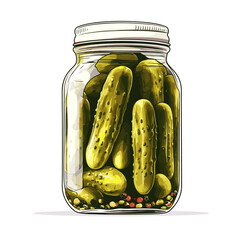 A jar of pickles pickled cucumbers gherkins isolated on a white background