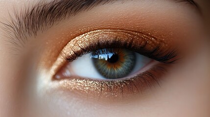 Obraz premium Close up of a woman's eye with gold glitter eyeshadow and well defined eyebrow in a macro shot