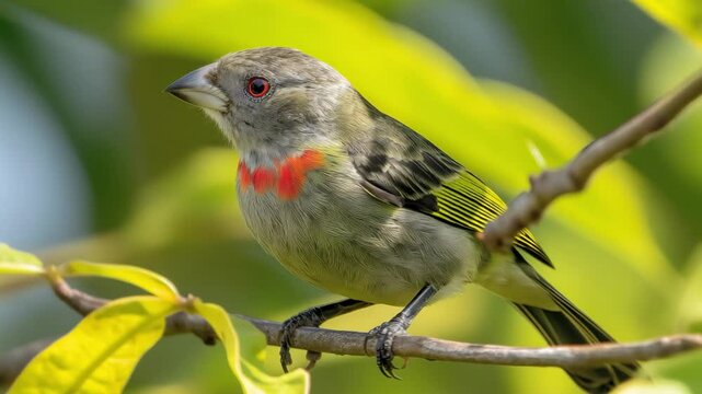 A bird with bright plumage sits calmly on a branch, surrounded by lively green leaves in a natural environment