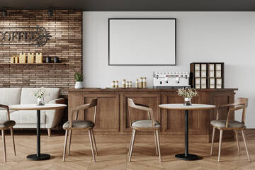 Cozy Cafe Interior with Wooden Furniture and Brick Wall