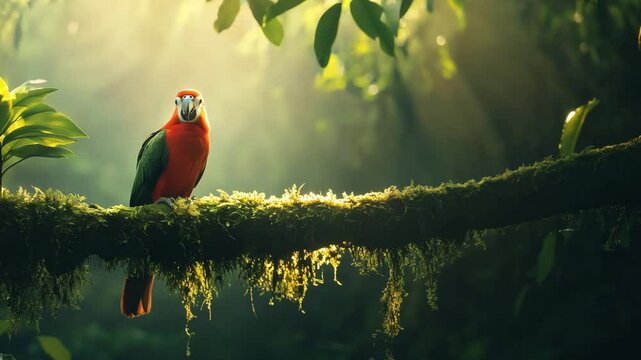 A parrot with vibrant feathers rests on a moss covered branch surrounded by lush greenery in the early morning