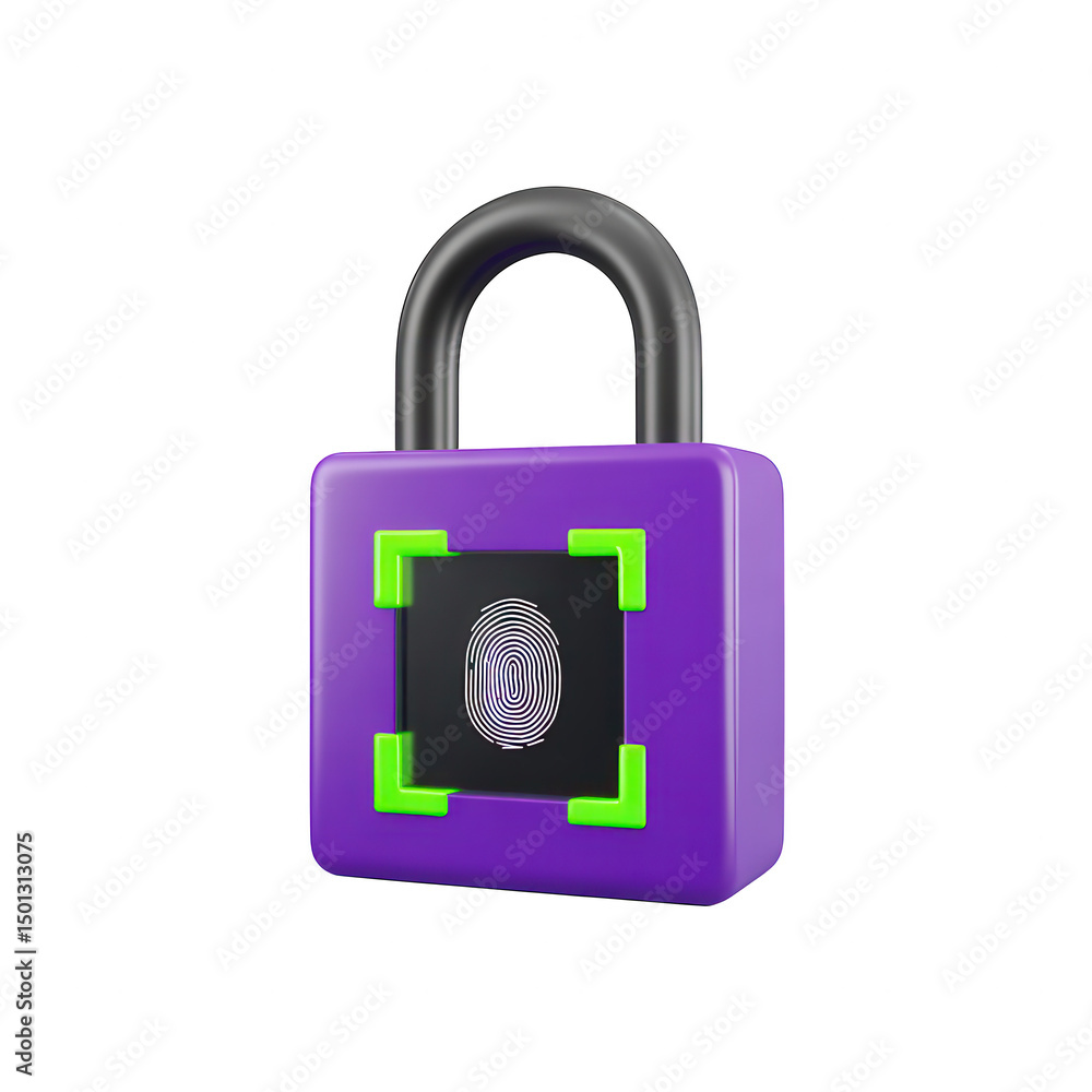 Poster purple padlock with fingerprint scanner isolated on transparent background