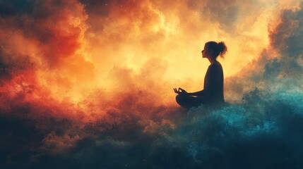 Meditating figure amidst celestial clouds, bathed in ethereal light