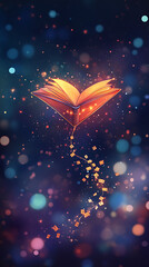 Enchanted open book releasing glowing particles in a dreamy, colorful bokeh background