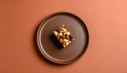 Fototapeta premium Single Slice of Nut and Chocolate Dessert Bar on Brown Plate with Minimalist Brown Background 