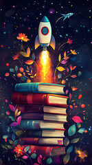 A whimsical rocket launching from a stack of colorful books, surrounded by vibrant flowers and stars