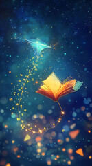 Enchanted book releasing colorful sparks and a kite into a starry night sky filled with magic