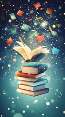 An open book levitating above a stack of colorful books amidst a magical, sparkling background