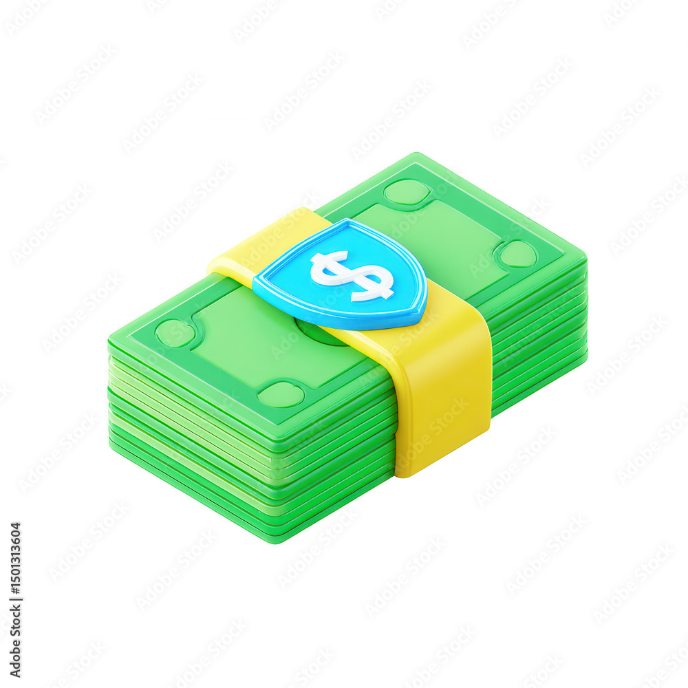 Poster 3d render of stack of money with security shield isolated on transparent background