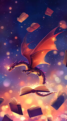 A vibrant dragon soaring above an open book, surrounded by floating pages and sparkles in a magical night sky