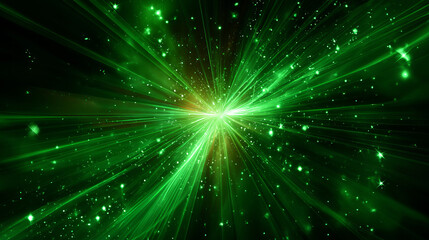 Green light flare effect, bright glow of burst with beams, sparkles, lightnings and bokeh. Abstract background with effect of speed motion or light flash, vector realistic illustration