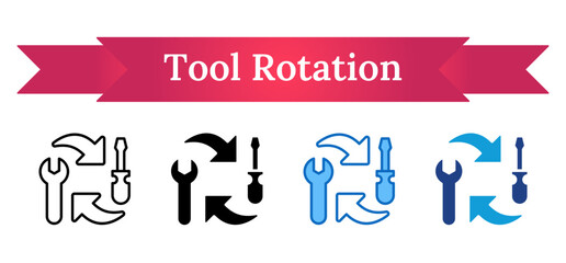 Tool Rotation - Multi Style Outline, Glyph Silhouette, Blue, Dual Tone Icon - Wrench and screwdriver in a circular motion, symbolizing continuous improvement and technical skill cycles