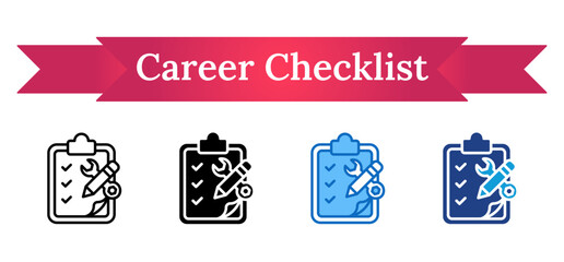 Career Checklist - Multi Style Outline, Glyph Silhouette, Blue, Dual Tone Icon - Clipboard with a checklist, tools, and pencil, representing career planning, tasks, and readiness