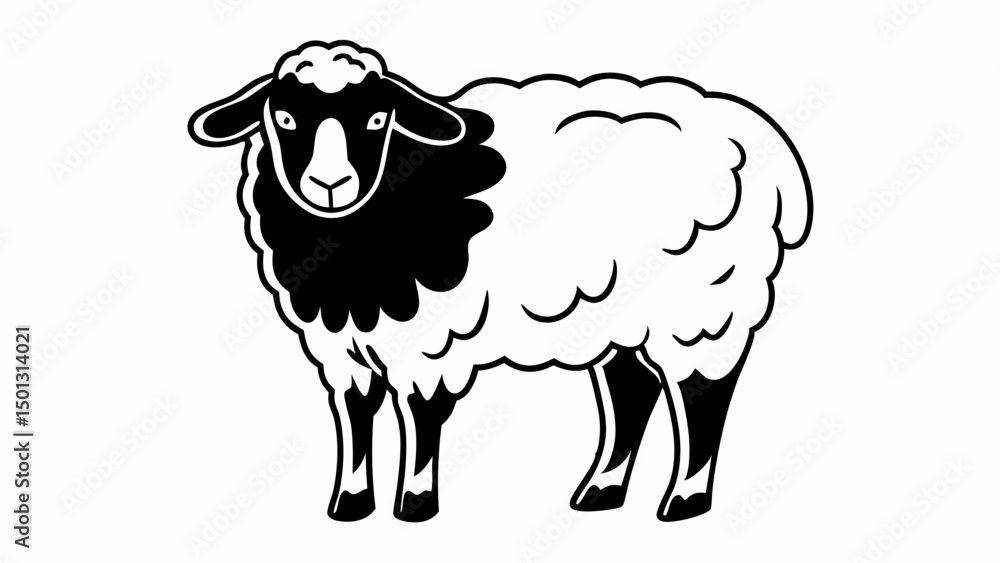 Poster illustration of a black and white sheep standing with fluffy wool and a dark face design element cre
