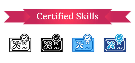 Certified Skills - Multi Style Outline, Glyph Silhouette, Blue, Dual Tone Icon - Certificate with tools and checkmark ribbon, symbolizing verified technical or vocational skills