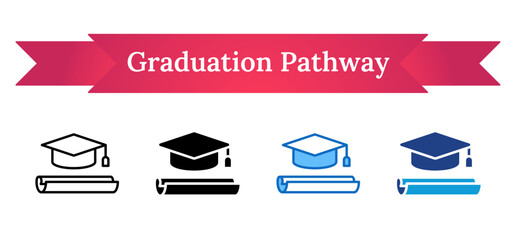 Graduation Pathway - Multi Style Outline, Glyph Silhouette, Blue, Dual Tone Icon - A graduation cap and diploma scroll, symbolizing educational achievement and academic completion