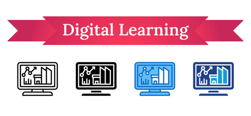 Digital Learning - Multi Style Outline, Glyph Silhouette, Blue, Dual Tone Icon - Monitor with analytics and industry graphics, representing online education and digital skill tracking