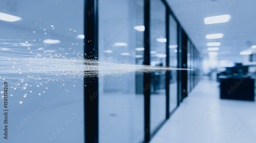 Poster data stream in office: a digitally rendered data stream streaks through a modern office corridor, sy