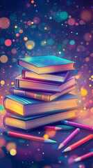 A vibrant stack of colorful books with glowing edges, surrounded by a dreamy bokeh background