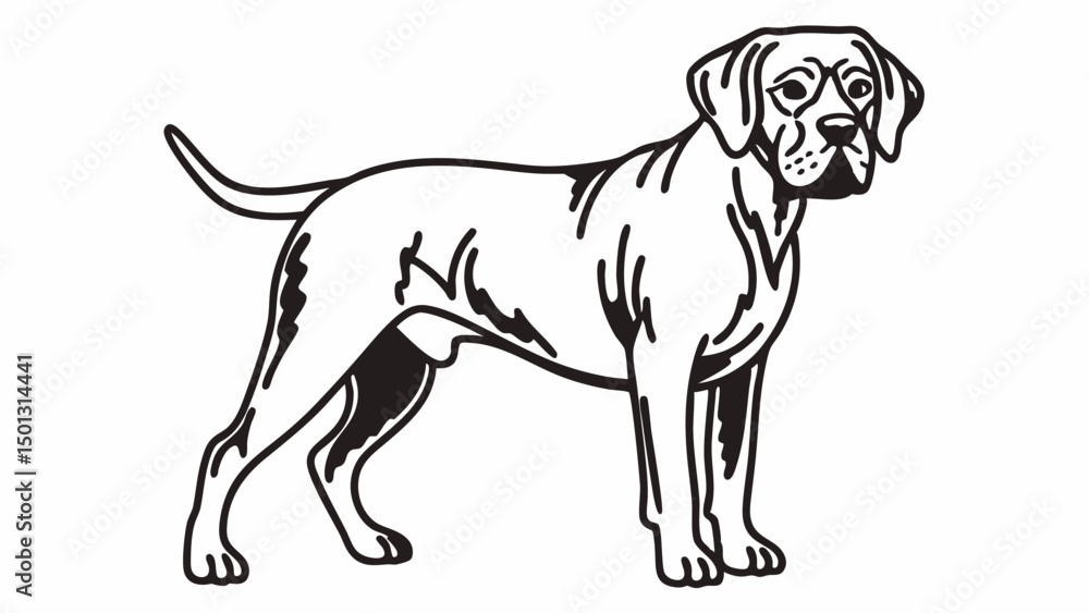 Poster illustration of a pointer dog standing in profile with black outline on a white background view full