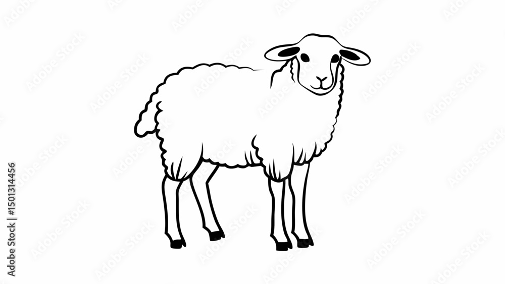 Poster illustration of a sheep with fluffy wool standing in a white background simple black and white art c