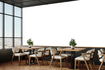 Free PNG wallpaper mockup in Coffee Shop Interior Design, Modern Restaurant Interior with Dining Tables and Chairs, 3D rendering