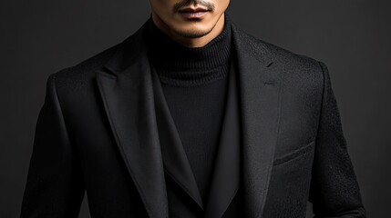 Close up of a man in a black turtleneck and suit jacket against a dark gray studio backdrop