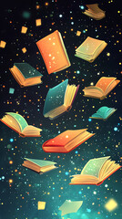 Colorful floating books amidst a starry background, symbolizing knowledge and imagination