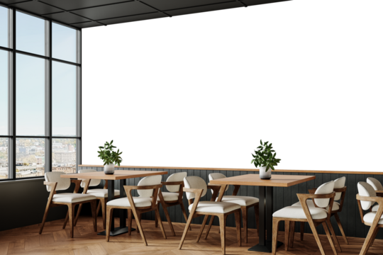Free PNG wallpaper mockup in Coffee Shop Interior Design, Modern Restaurant Interior with Dining Tables and Chairs, 3D rendering