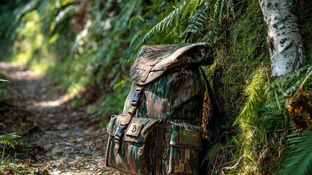 Camo backpack rests near fern-lined path, beside a tree, sunlight dappling through greenery