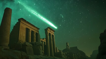 Ancient ruins under a sky illuminated by a green glowing comet